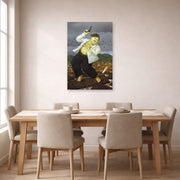 Unframed poster print of Fernando Botero's Death of Pablo Escobar displayed on a wall in a dining room