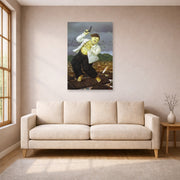 Unframed poster print of Fernando Botero's Death of Pablo Escobar displayed on a wall in a living room
