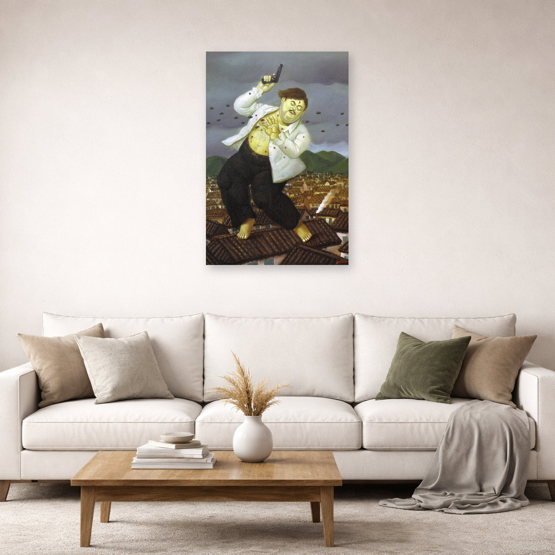 Unframed poster print of Fernando Botero's Death of Pablo Escobar displayed on a wall in a living room