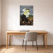 Unframed poster print of Fernando Botero's Death of Pablo Escobar displayed on a wall in a home office