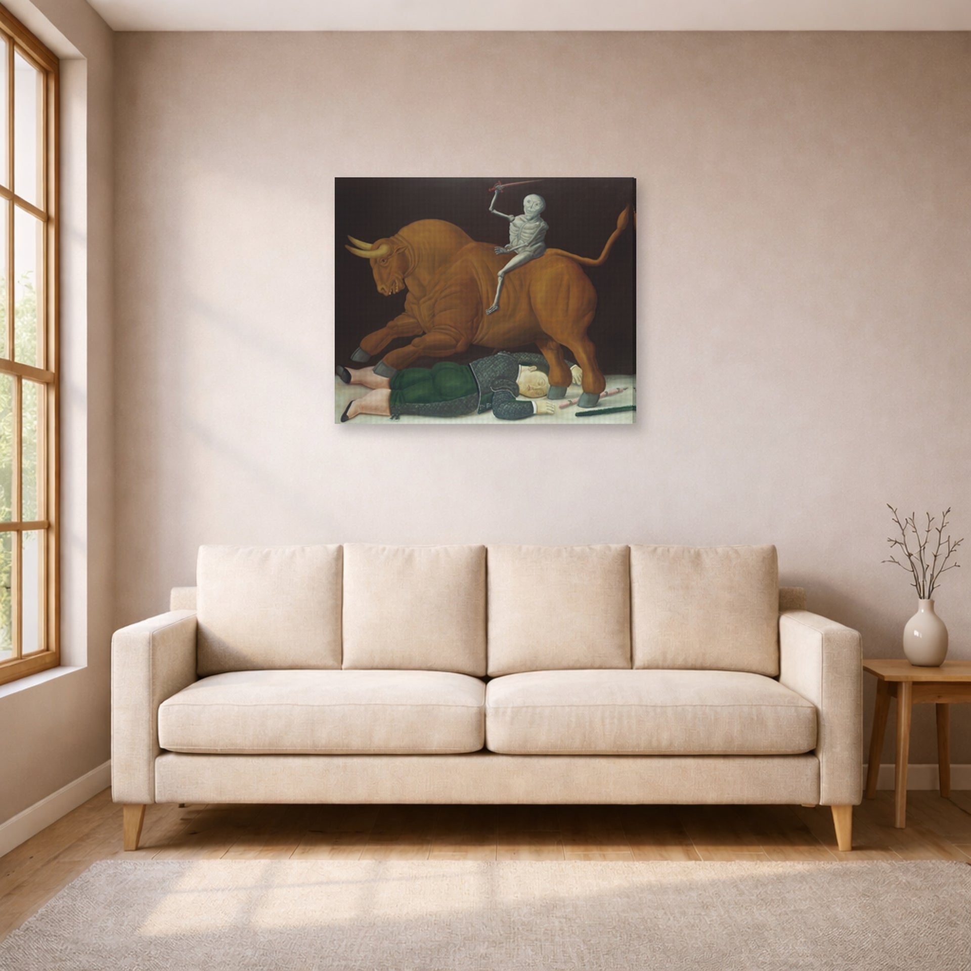 Gallery-wrapped canvas print of Fernando Botero's Death of Ramon Torres displayed on a wall in a living room