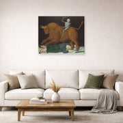 Gallery-wrapped canvas print of Fernando Botero's Death of Ramon Torres displayed on a wall in a living room