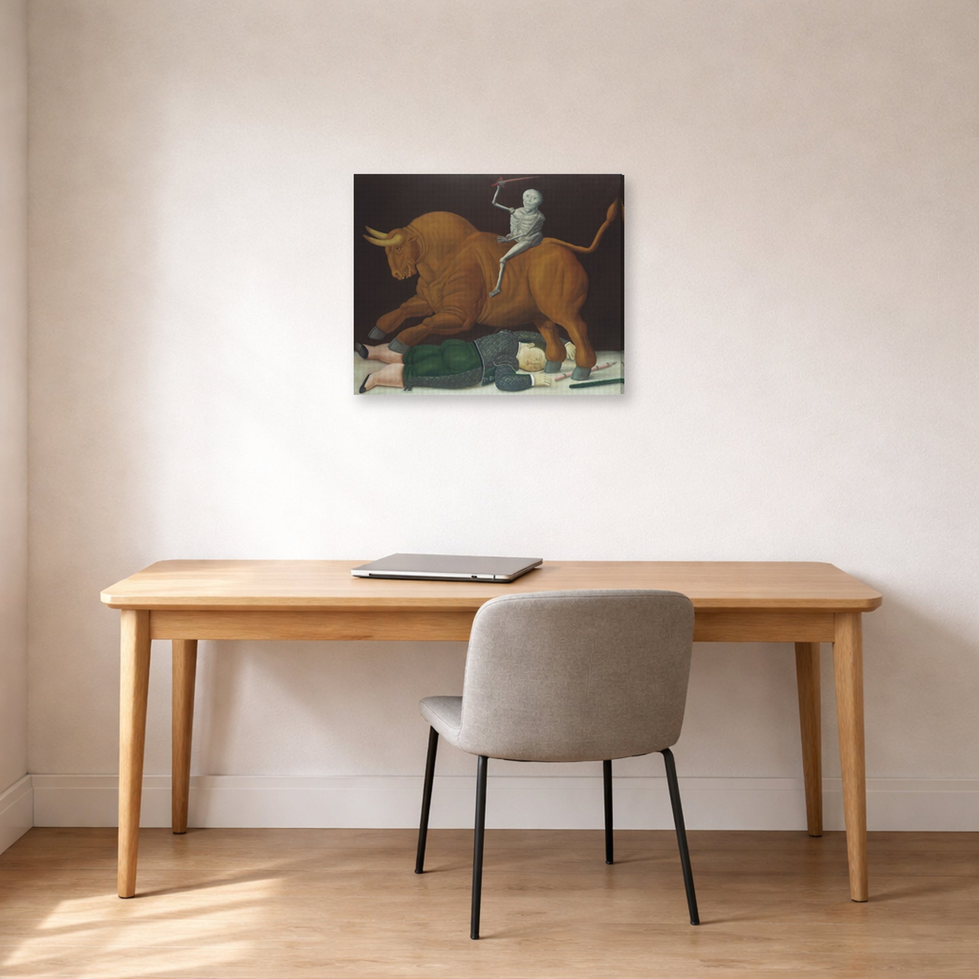Gallery-wrapped canvas print of Fernando Botero's Death of Ramon Torres displayed on a wall in a home office