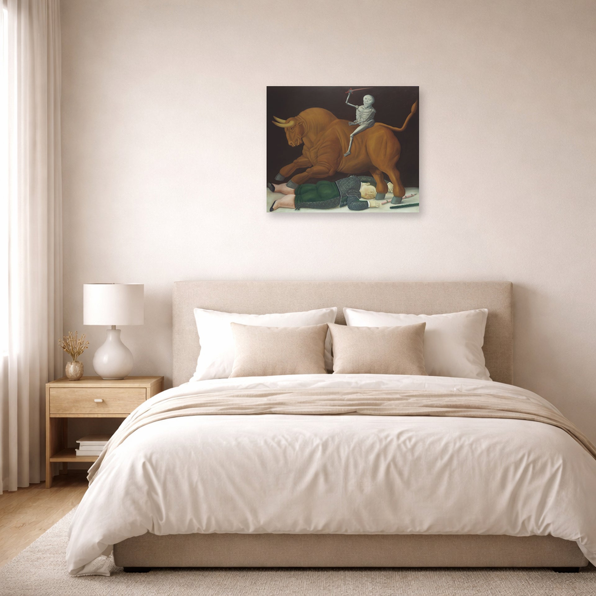 Unframed poster print of Fernando Botero's Death of Ramon Torres displayed on a wall in a bedroom