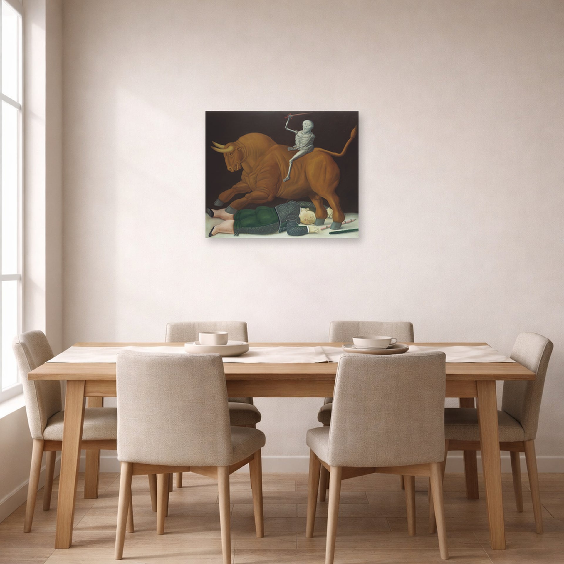 Unframed poster print of Fernando Botero's Death of Ramon Torres displayed on a wall in a dining room