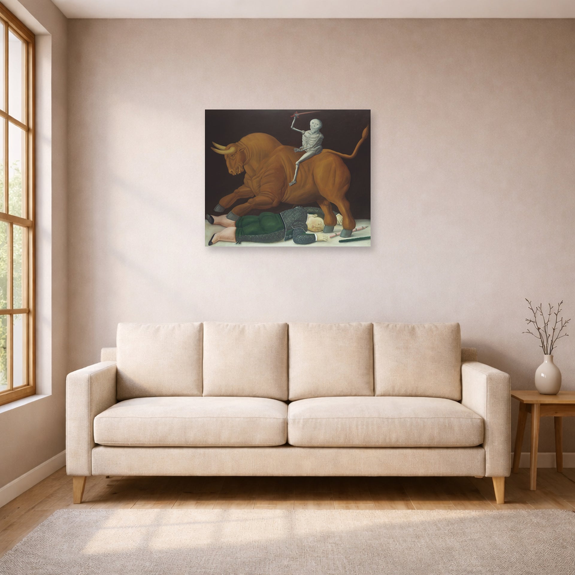 Unframed poster print of Fernando Botero's Death of Ramon Torres displayed on a wall in a living room