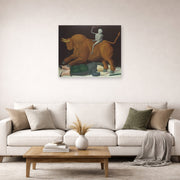 Unframed poster print of Fernando Botero's Death of Ramon Torres displayed on a wall in a living room