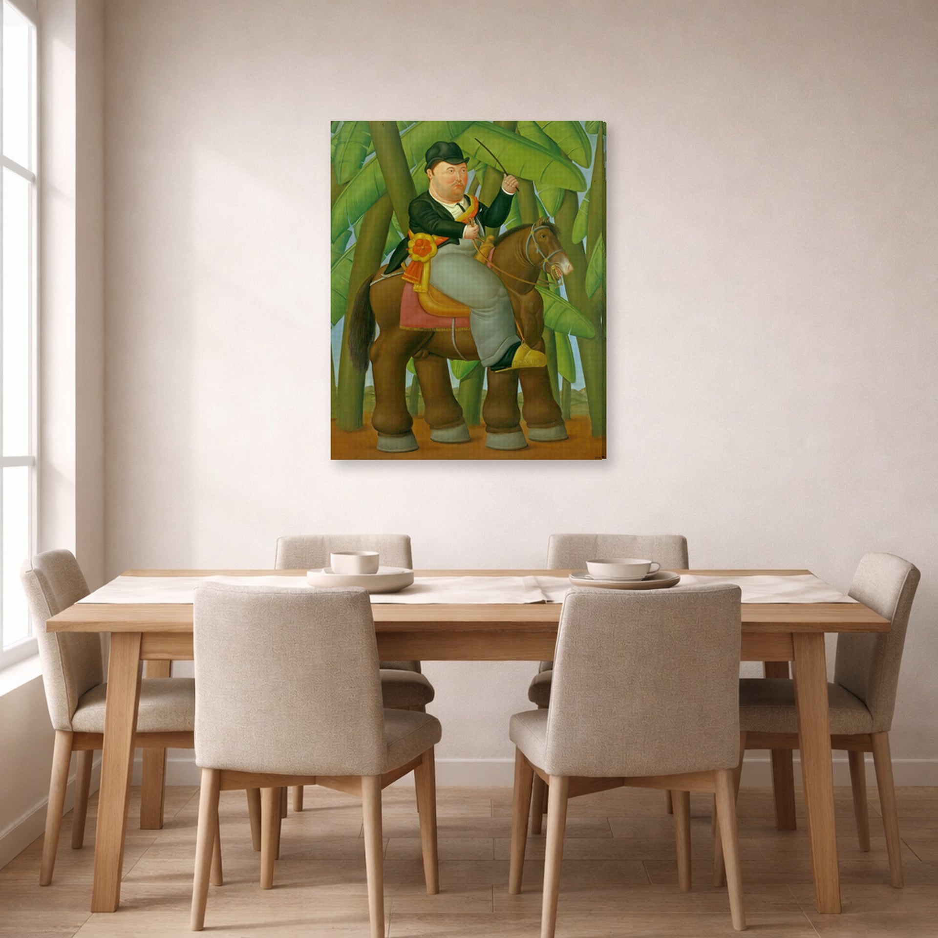 Gallery-wrapped canvas print of Fernando Botero's El Senor Presidente (Mister President) displayed on a wall in a dining room