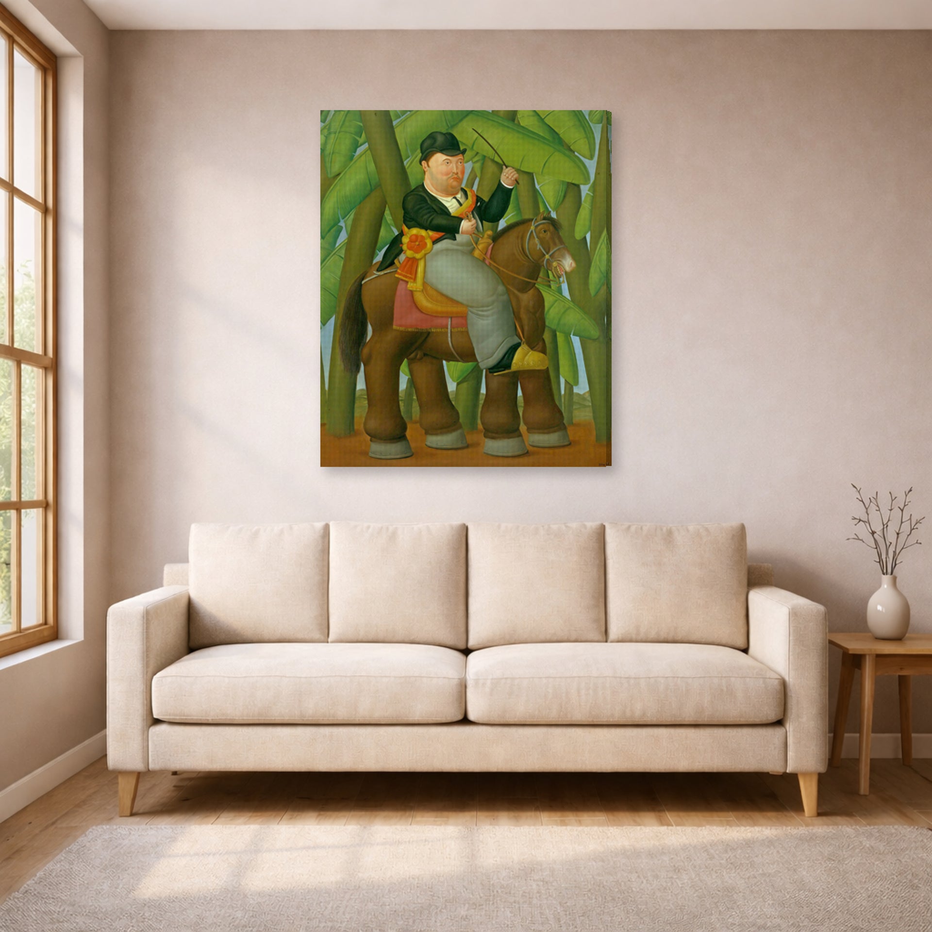 Gallery-wrapped canvas print of Fernando Botero's El Senor Presidente (Mister President) displayed on a wall in a living room
