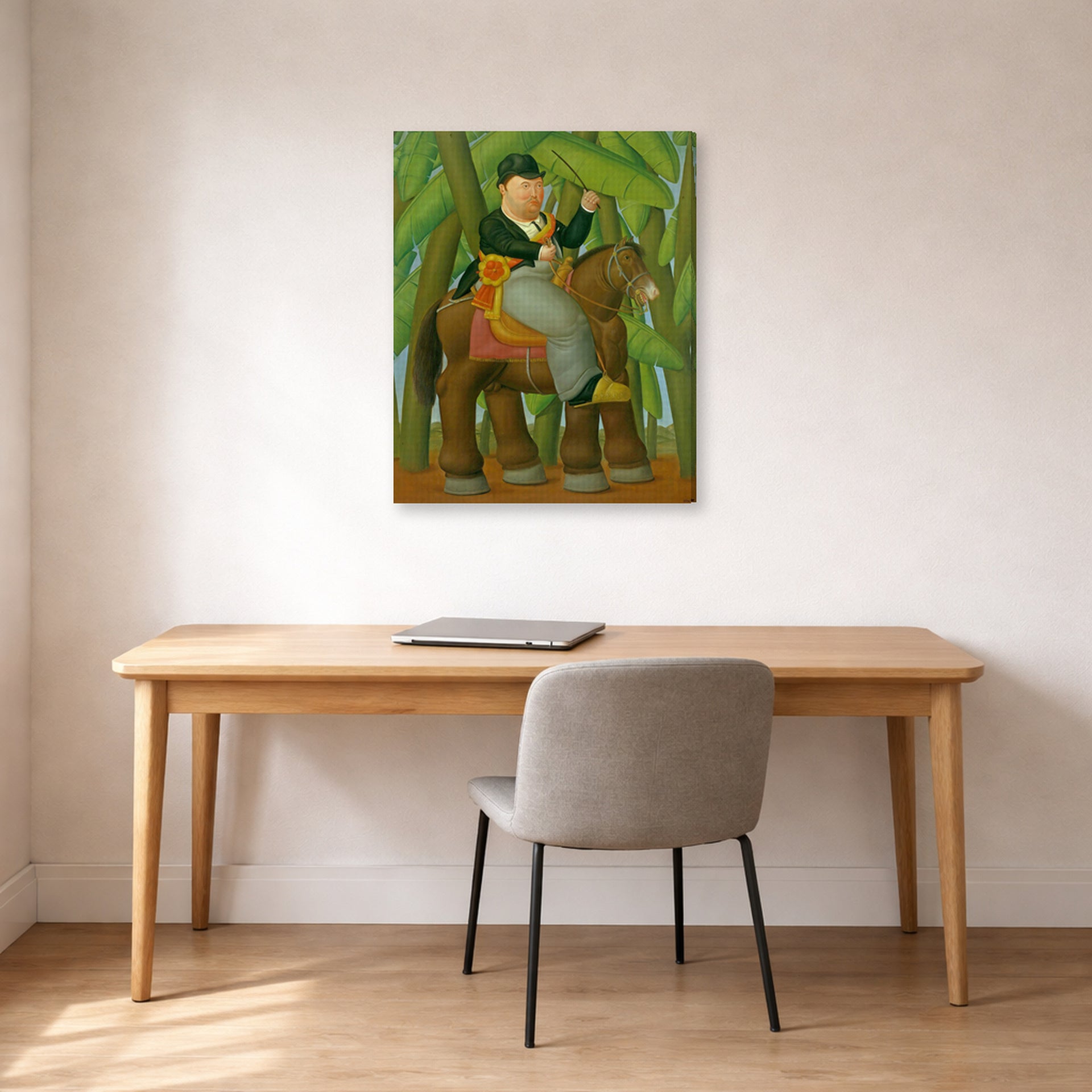 Gallery-wrapped canvas print of Fernando Botero's El Senor Presidente (Mister President) displayed on a wall in a home office