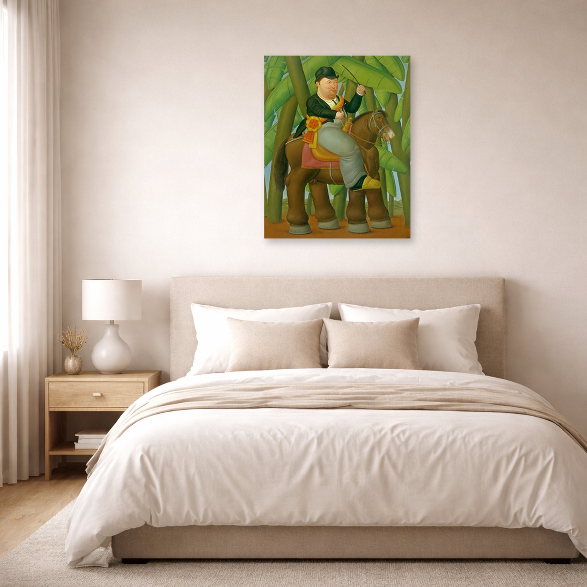 Unframed poster print of Fernando Botero's El Senor Presidente (Mister President) displayed on a wall in a bedroom
