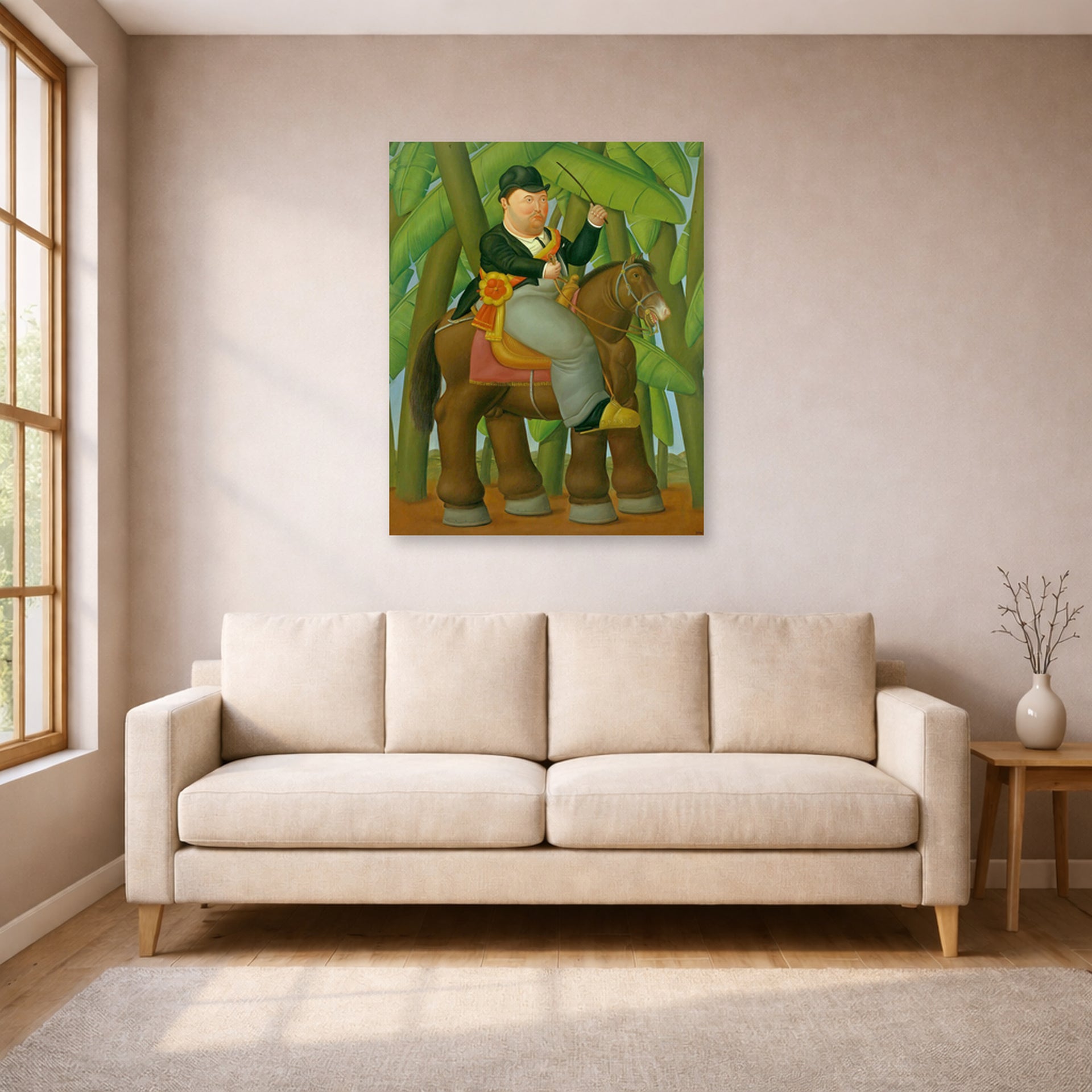 Unframed poster print of Fernando Botero's El Senor Presidente (Mister President) displayed on a wall in a living room