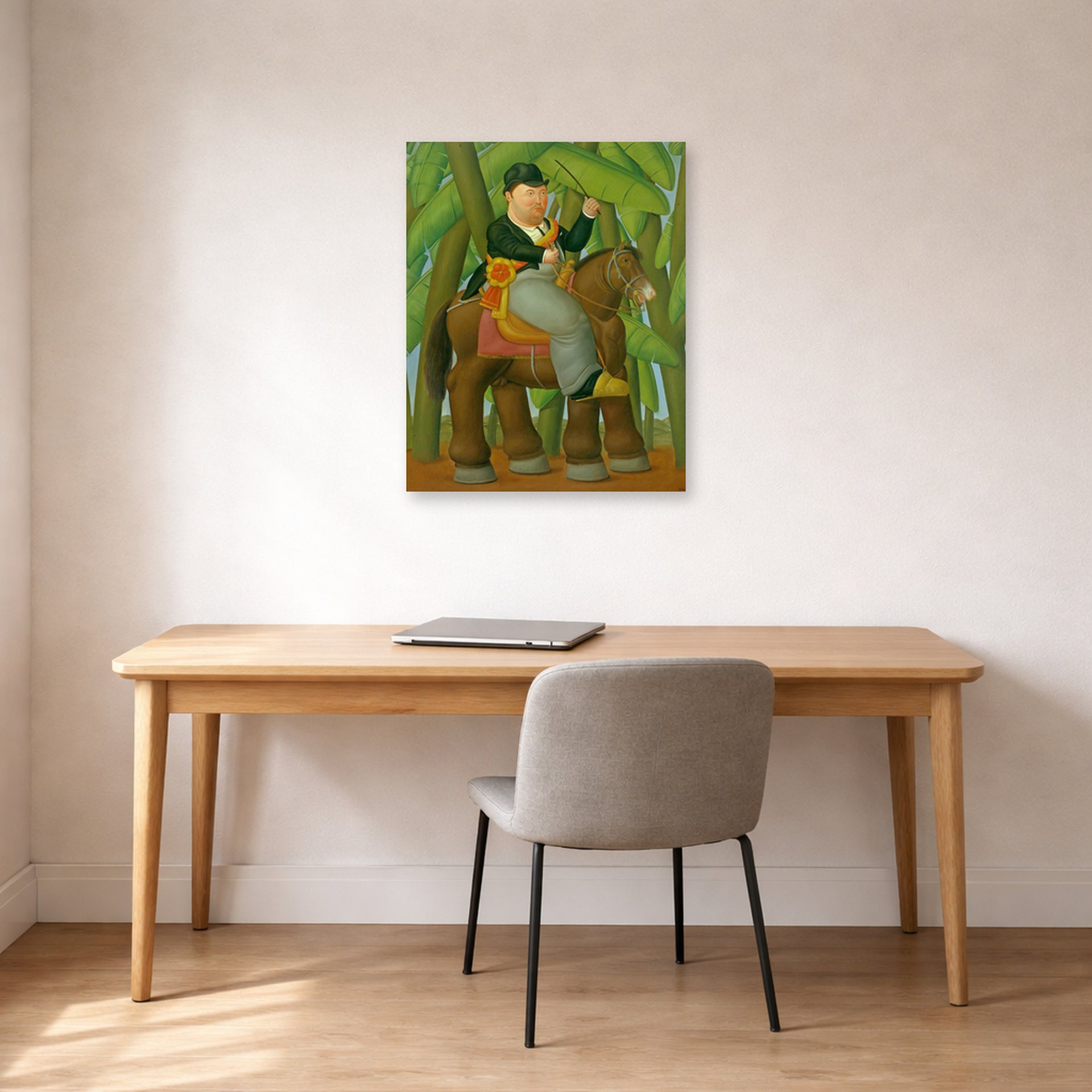 Unframed poster print of Fernando Botero's El Senor Presidente (Mister President) displayed on a wall in a home office