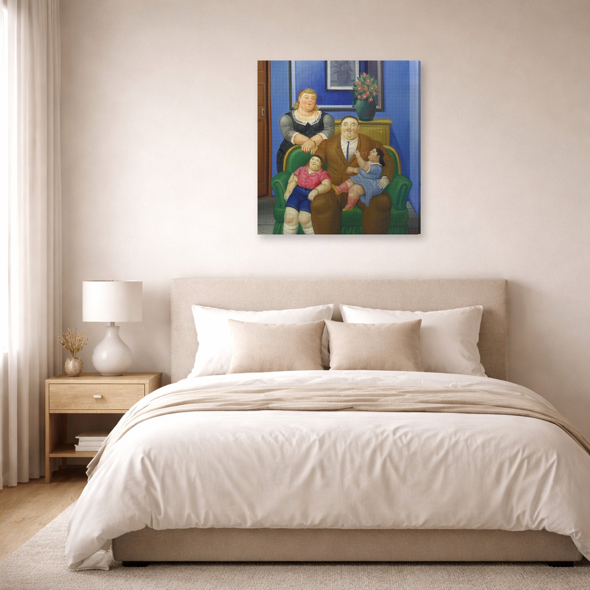 Gallery-wrapped canvas print of Fernando Botero's Family (1995) displayed on a wall in a bedroom