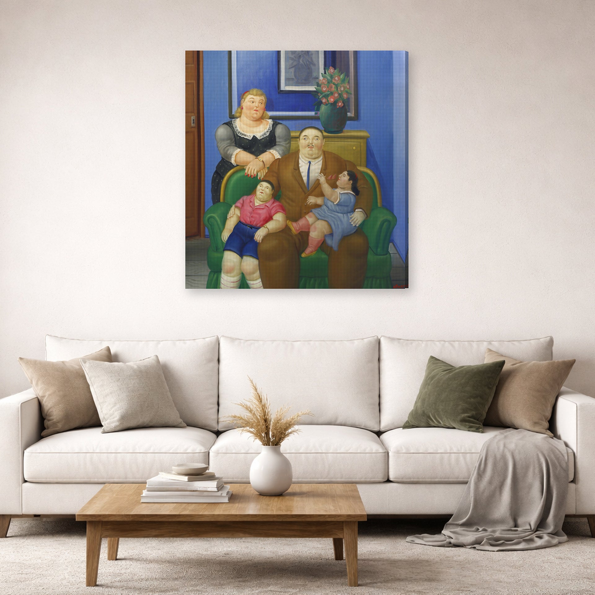 Gallery-wrapped canvas print of Fernando Botero's Family (1995) displayed on a wall in a living room