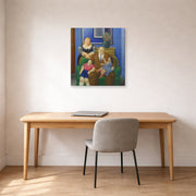 Gallery-wrapped canvas print of Fernando Botero's Family (1995) displayed on a wall in a home office