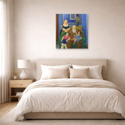 Unframed poster print of Fernando Botero's Family (1995) displayed on a wall in a bedroom
