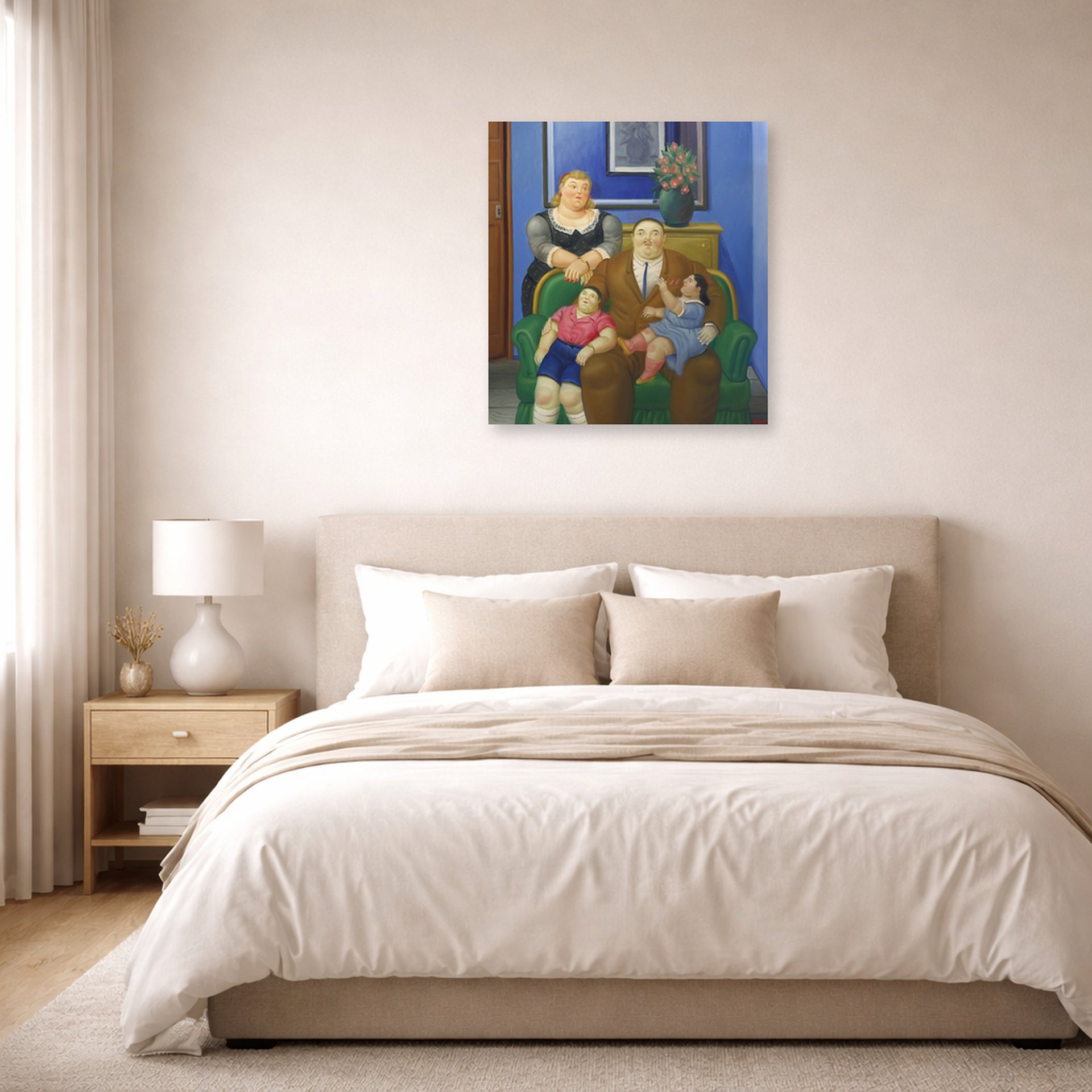 Unframed poster print of Fernando Botero's Family (1995) displayed on a wall in a bedroom