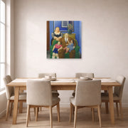 Unframed poster print of Fernando Botero's Family (1995) displayed on a wall in a dining room