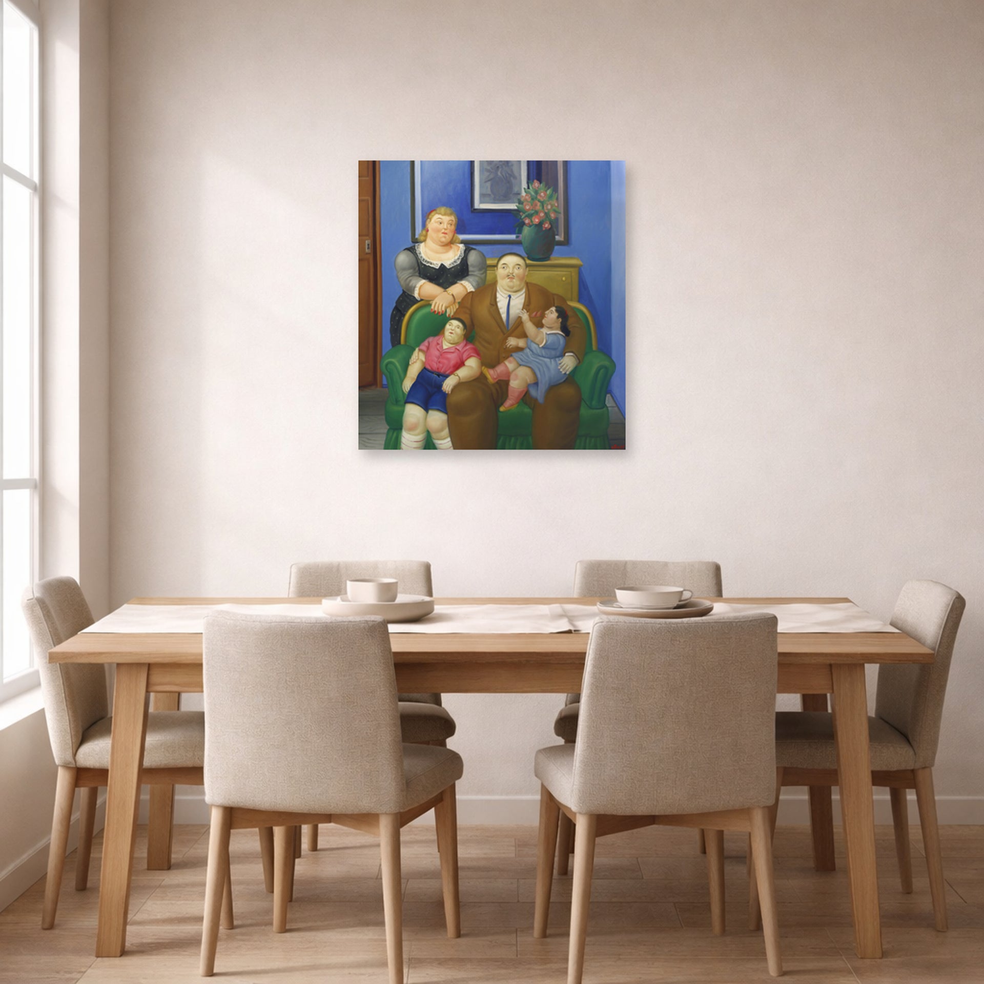 Unframed poster print of Fernando Botero's Family (1995) displayed on a wall in a dining room