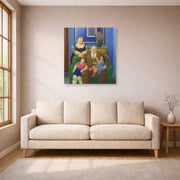 Unframed poster print of Fernando Botero's Family Scene displayed on a wall in a living room
