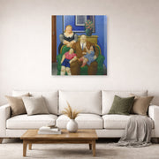 Unframed poster print of Fernando Botero's Family Scene displayed on a wall in a living room
