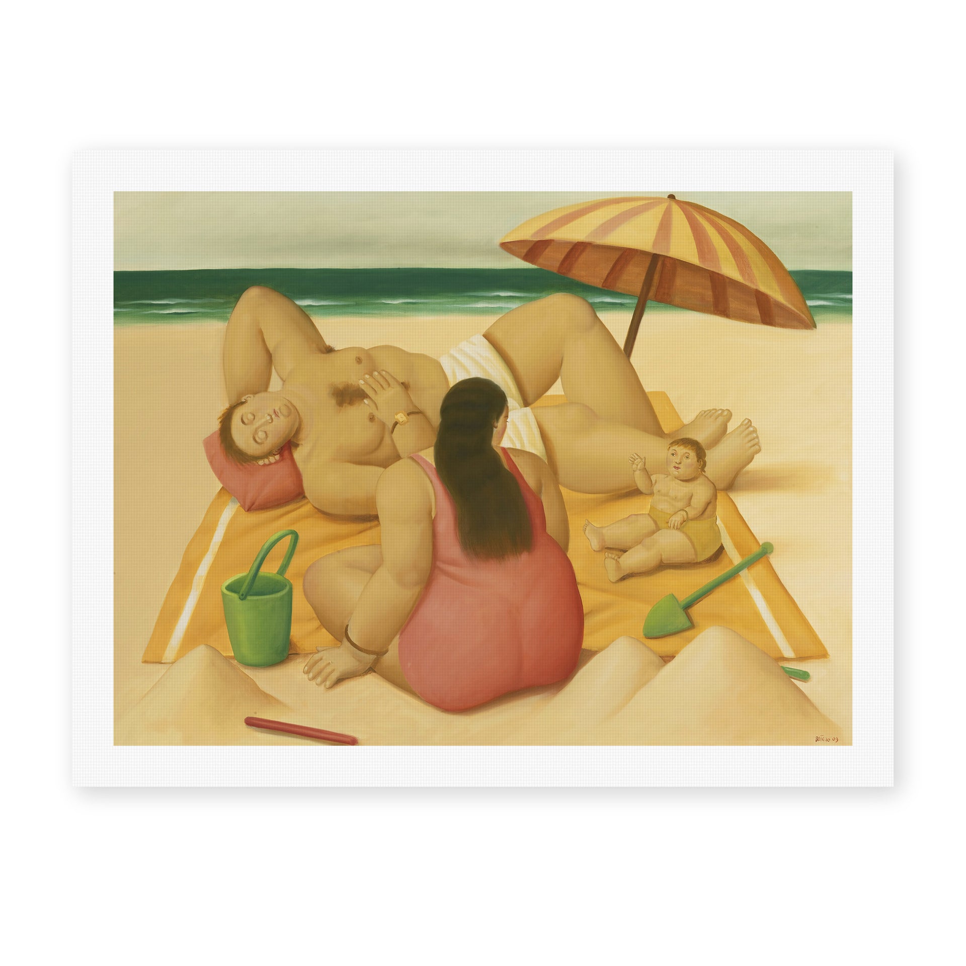Fernando Botero's 'Family On A Beach' painting reproduced as a rolled canvas print