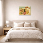 Gallery-wrapped canvas print of Fernando Botero's Family On A Beach displayed on a wall in a bedroom