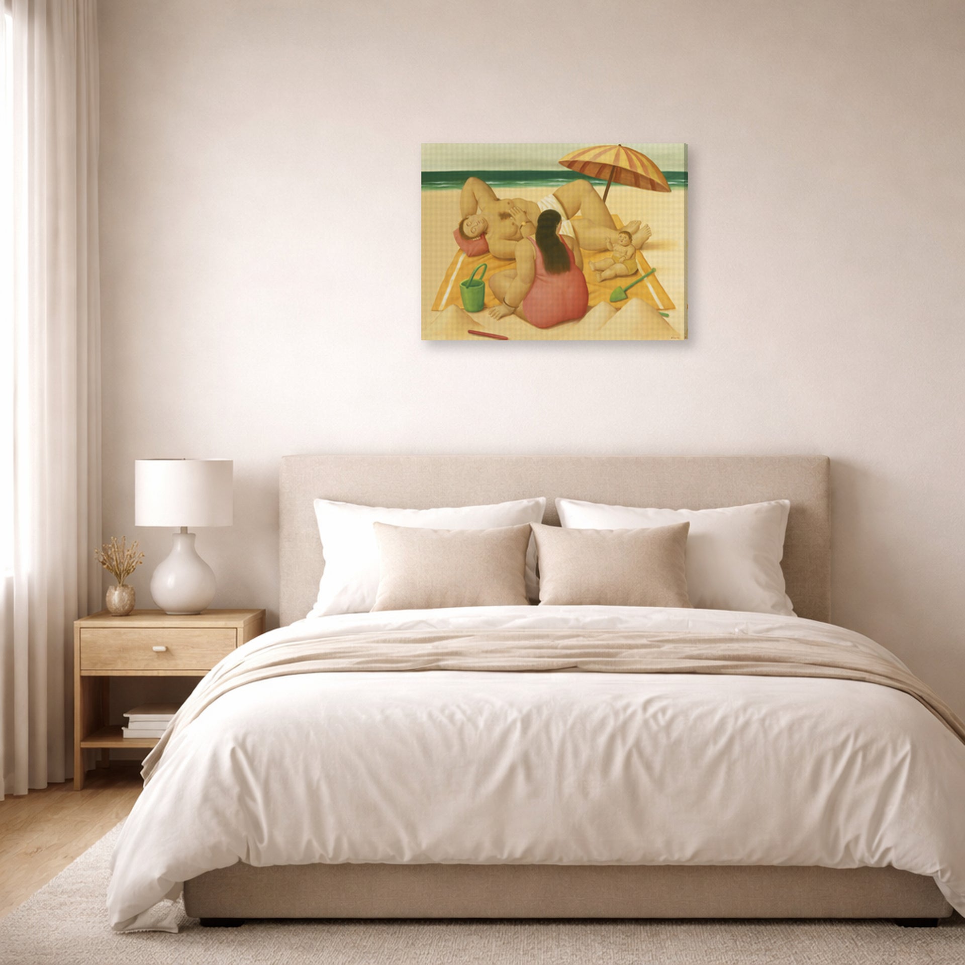 Gallery-wrapped canvas print of Fernando Botero's Family On A Beach displayed on a wall in a bedroom