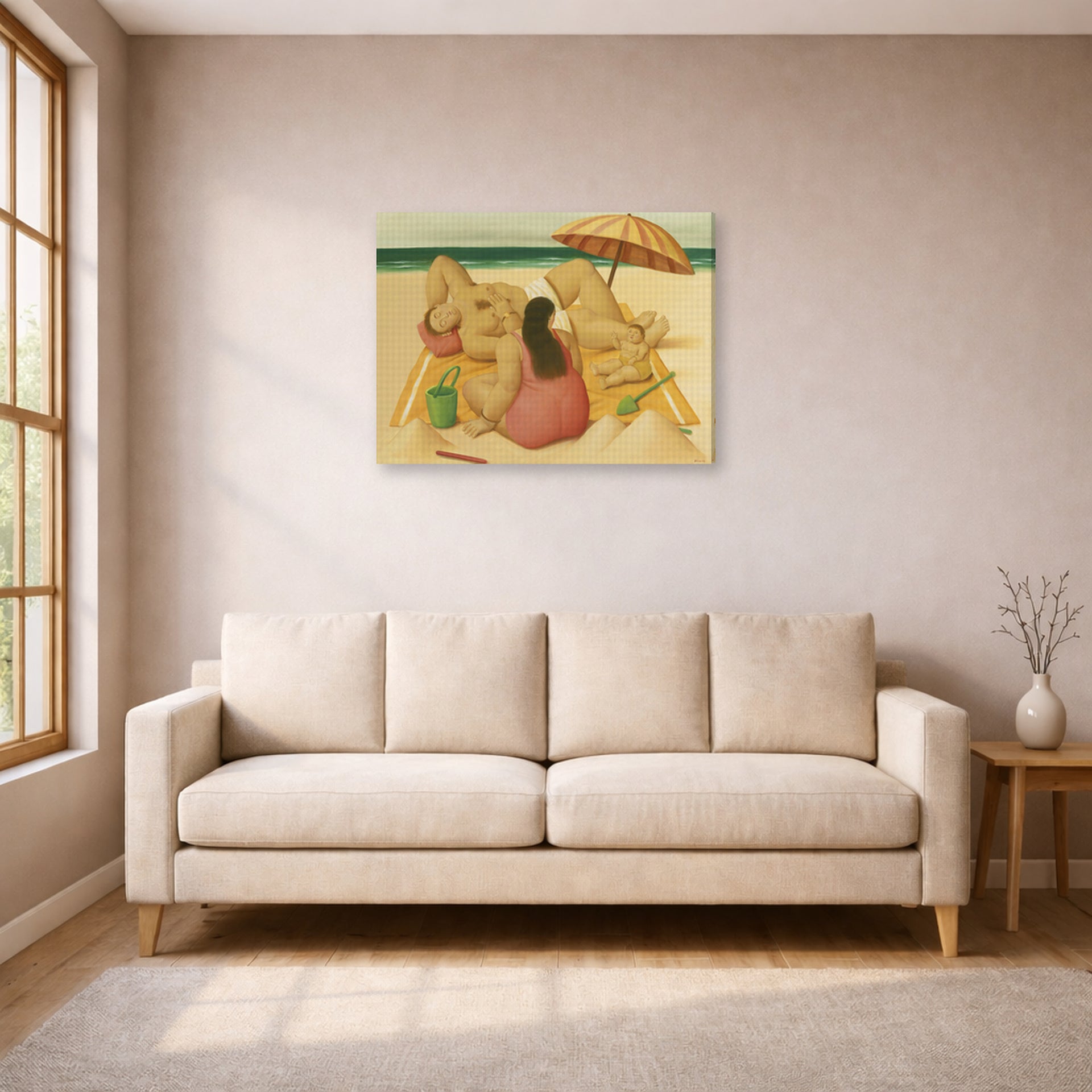 Gallery-wrapped canvas print of Fernando Botero's Family On A Beach displayed on a wall in a living room