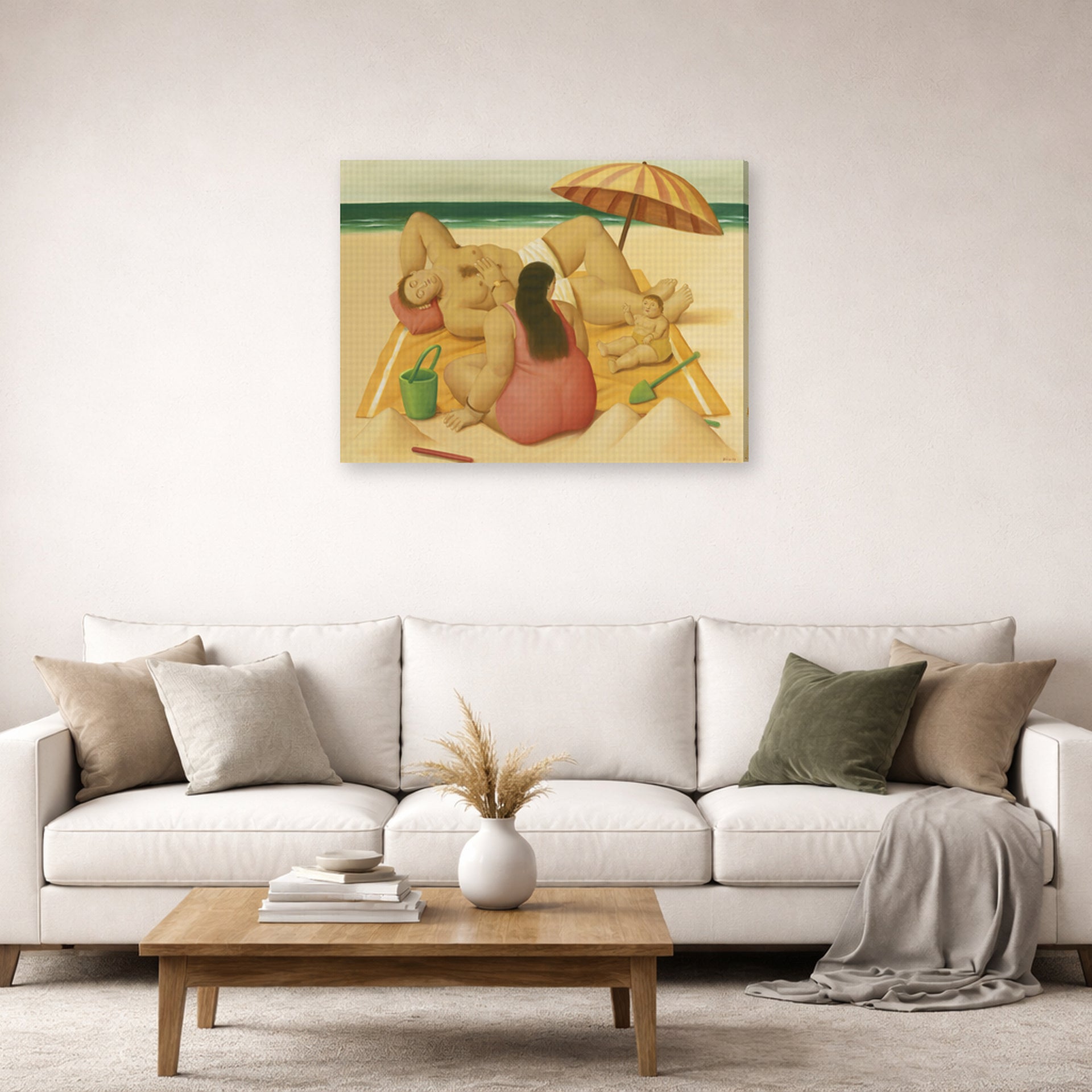 Gallery-wrapped canvas print of Fernando Botero's Family On A Beach displayed on a wall in a living room