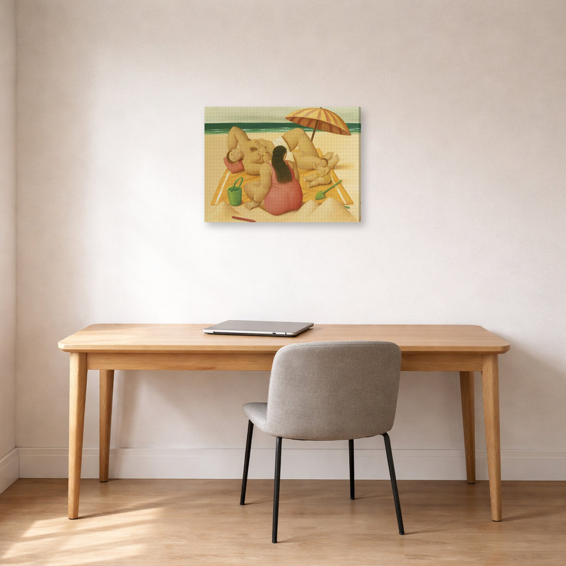 Gallery-wrapped canvas print of Fernando Botero's Family On A Beach displayed on a wall in a home office