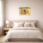 Unframed poster print of Fernando Botero's Family On A Beach displayed on a wall in a bedroom