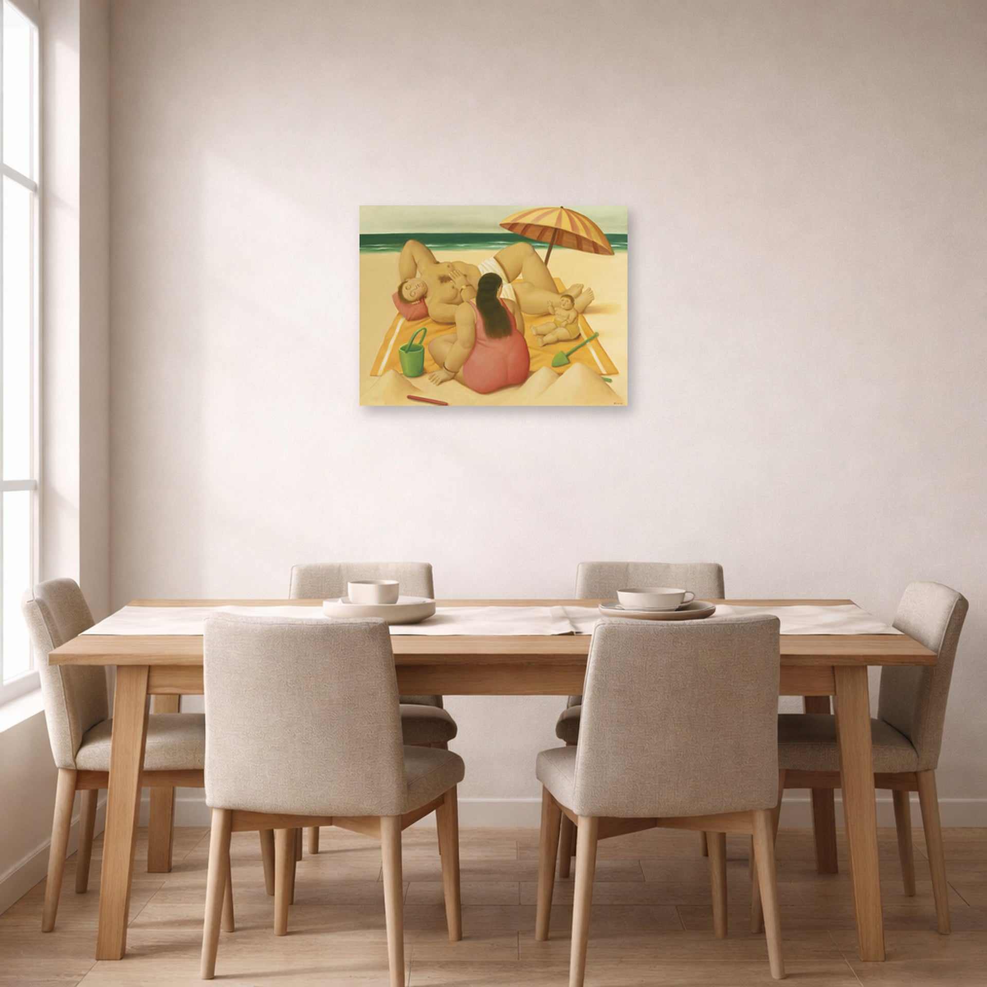 Unframed poster print of Fernando Botero's Family On A Beach displayed on a wall in a dining room