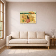 Unframed poster print of Fernando Botero's Family On A Beach displayed on a wall in a living room