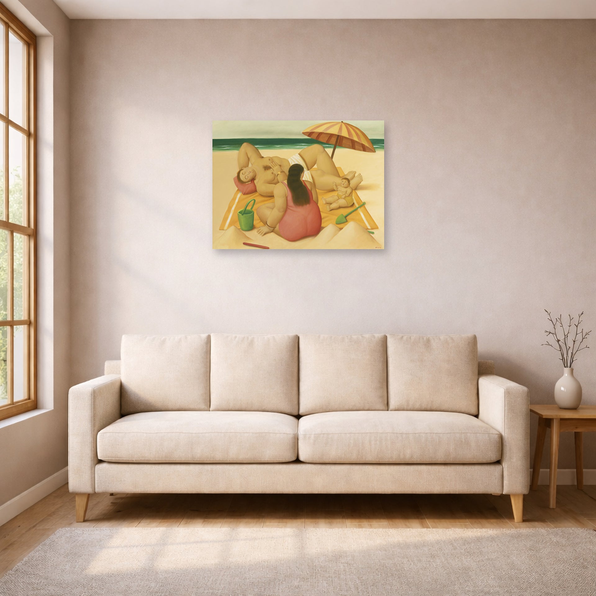Unframed poster print of Fernando Botero's Family On A Beach displayed on a wall in a living room