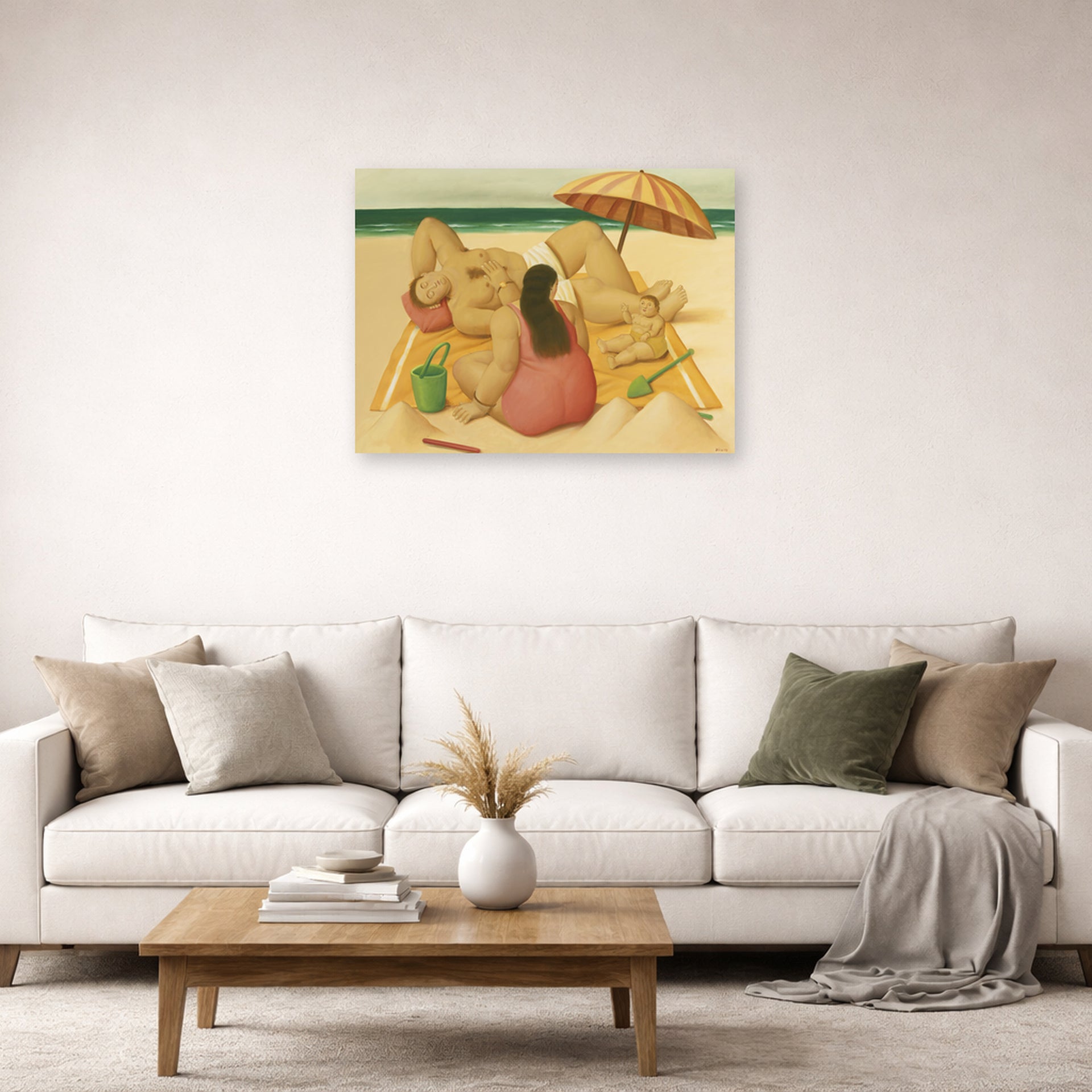 Unframed poster print of Fernando Botero's Family On A Beach displayed on a wall in a living room