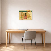 Unframed poster print of Fernando Botero's Family On A Beach displayed on a wall in a home office