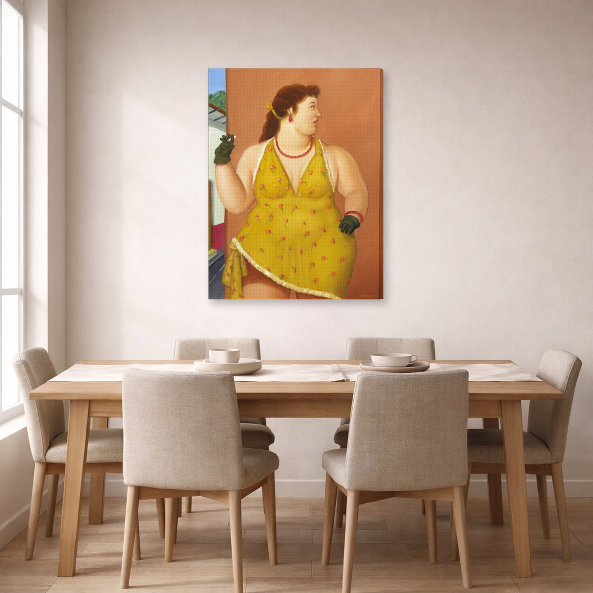 Gallery-wrapped canvas print of Fernando Botero's Femme Le Trottoir displayed on a wall in a dining room