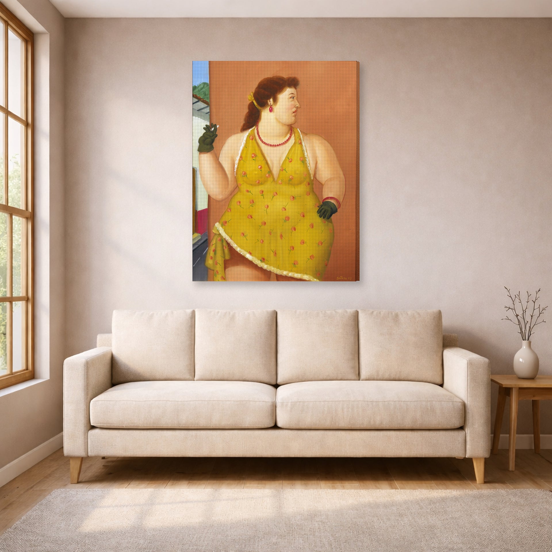 Gallery-wrapped canvas print of Fernando Botero's Femme Le Trottoir displayed on a wall in a living room