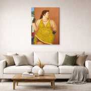 Gallery-wrapped canvas print of Fernando Botero's Femme Le Trottoir displayed on a wall in a living room