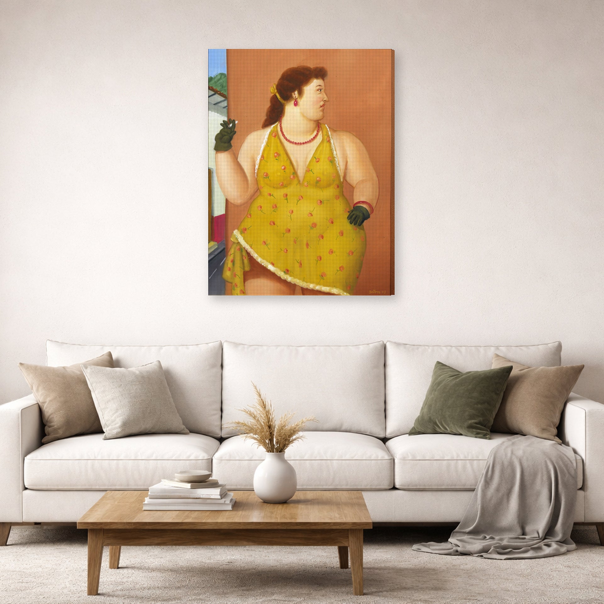 Gallery-wrapped canvas print of Fernando Botero's Femme Le Trottoir displayed on a wall in a living room