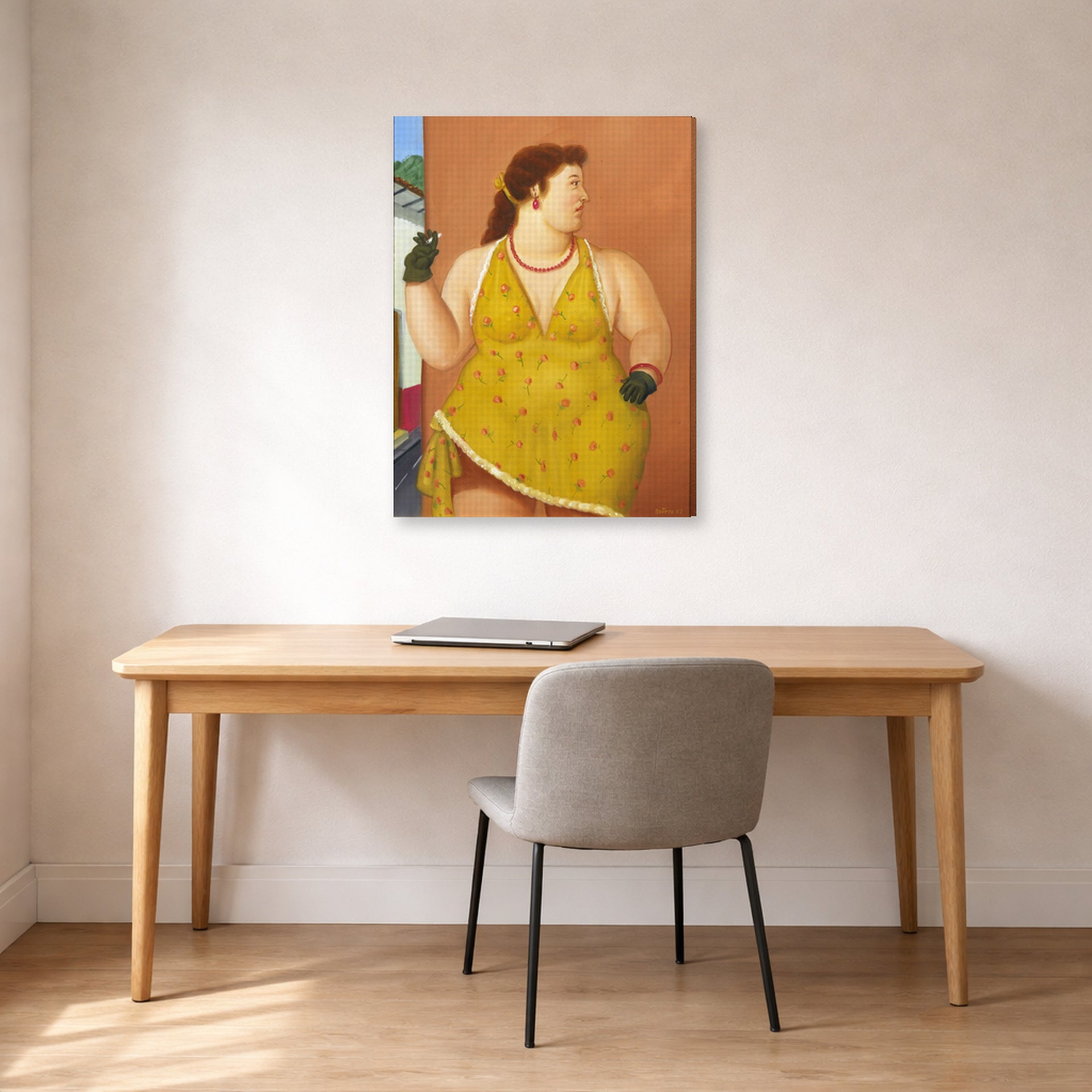 Gallery-wrapped canvas print of Fernando Botero's Femme Le Trottoir displayed on a wall in a home office