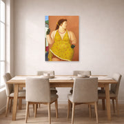 Unframed poster print of Fernando Botero's Femme Le Trottoir displayed on a wall in a dining room
