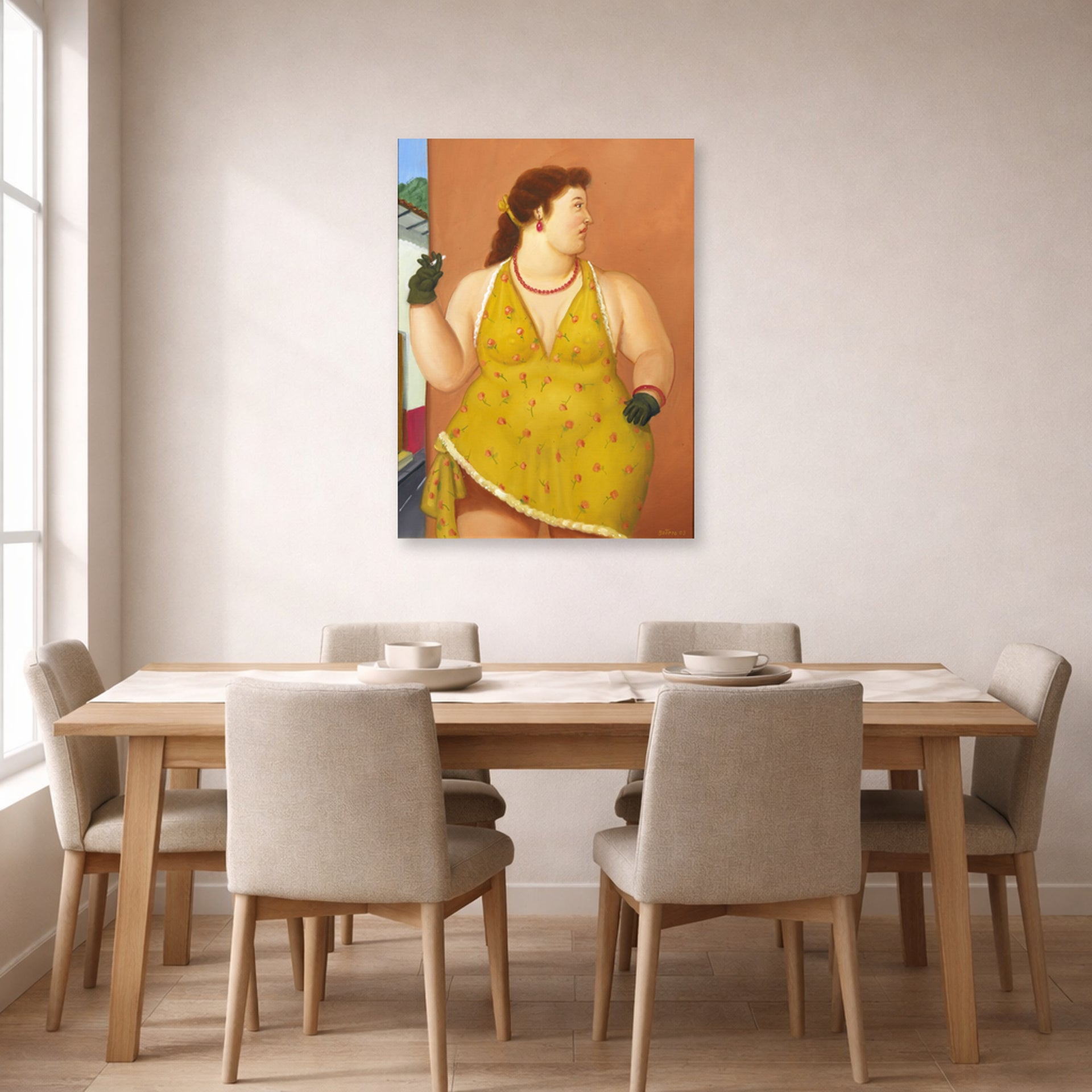 Unframed poster print of Fernando Botero's Femme Le Trottoir displayed on a wall in a dining room
