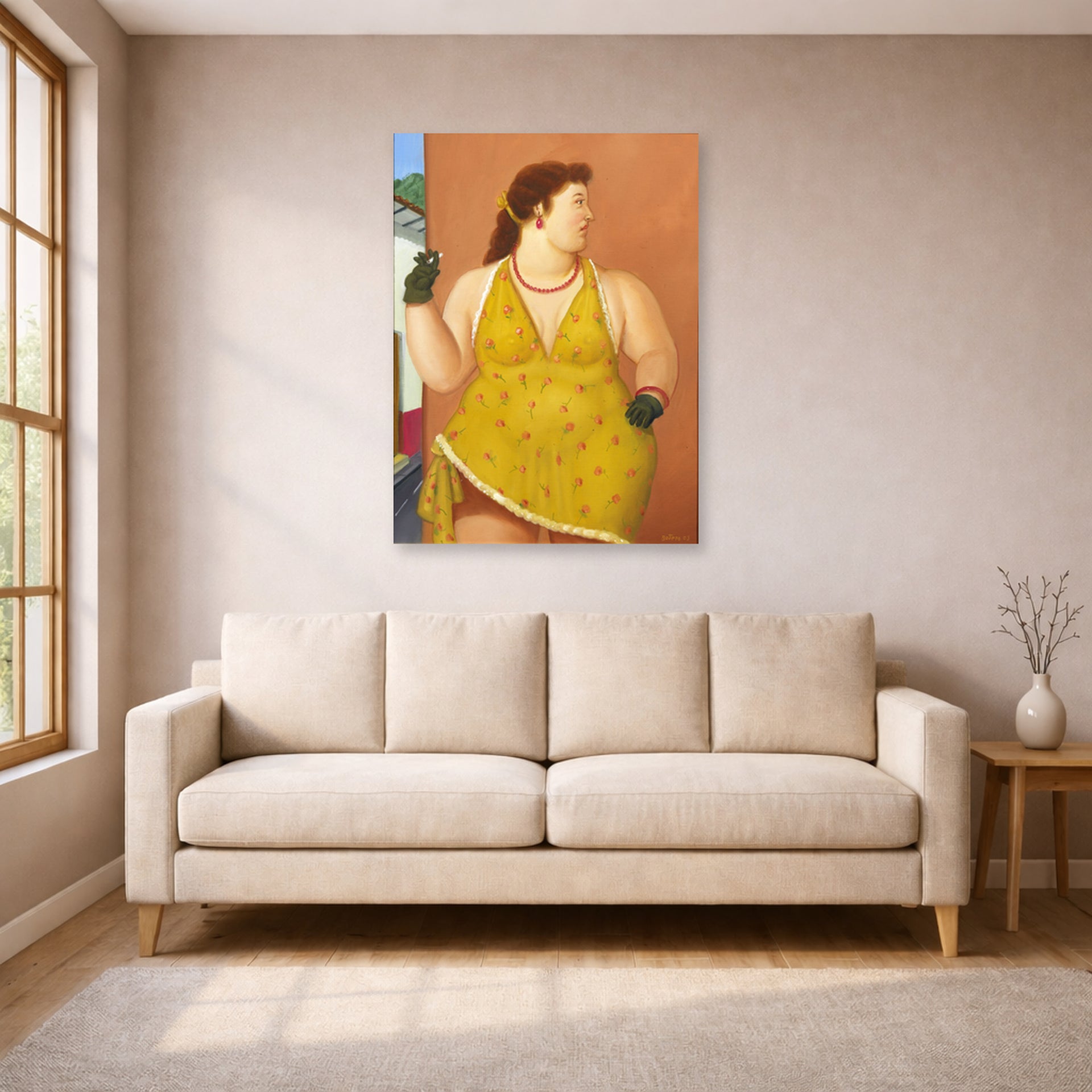 Unframed poster print of Fernando Botero's Femme Le Trottoir displayed on a wall in a living room