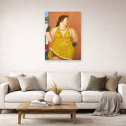 Unframed poster print of Fernando Botero's Femme Le Trottoir displayed on a wall in a living room