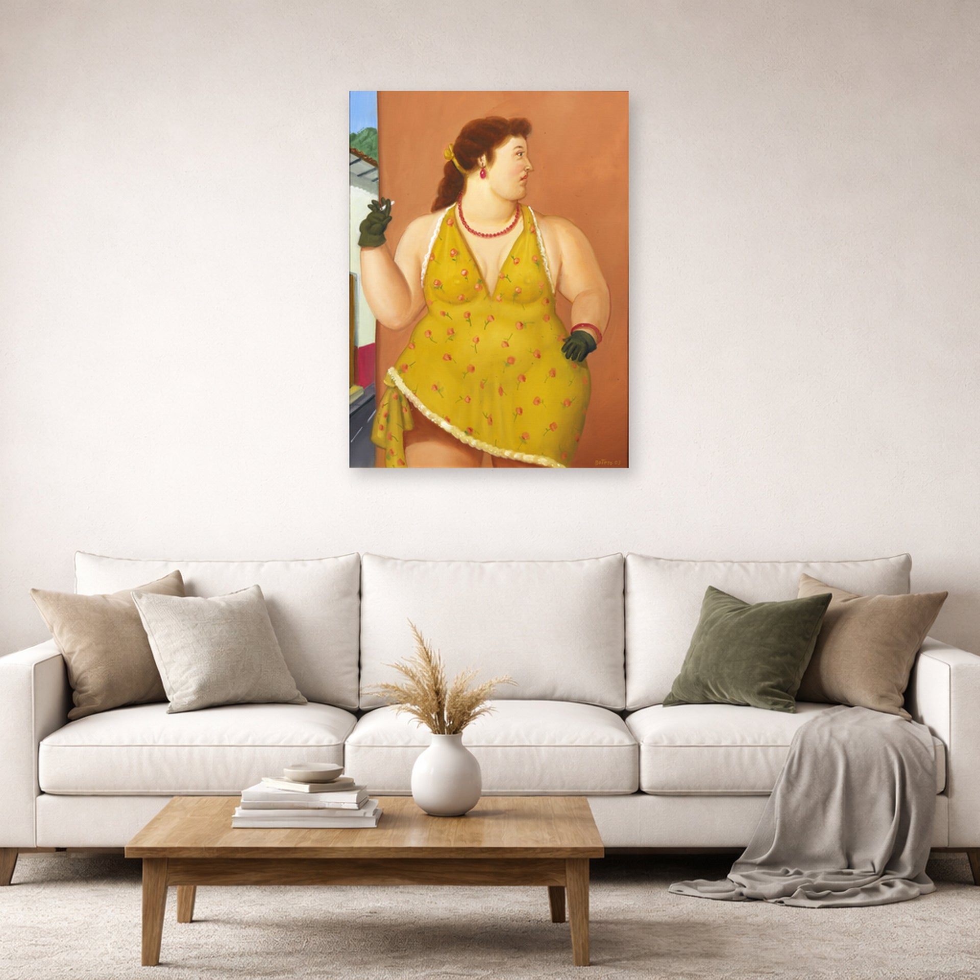 Unframed poster print of Fernando Botero's Femme Le Trottoir displayed on a wall in a living room