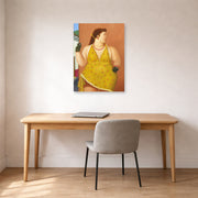 Unframed poster print of Fernando Botero's Femme Le Trottoir displayed on a wall in a home office