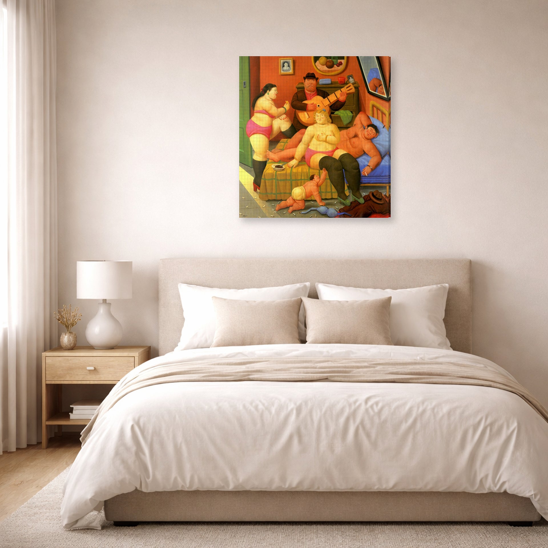 Gallery-wrapped canvas print of Fernando Botero's Fin De La Fiesta displayed on a wall in a bedroom